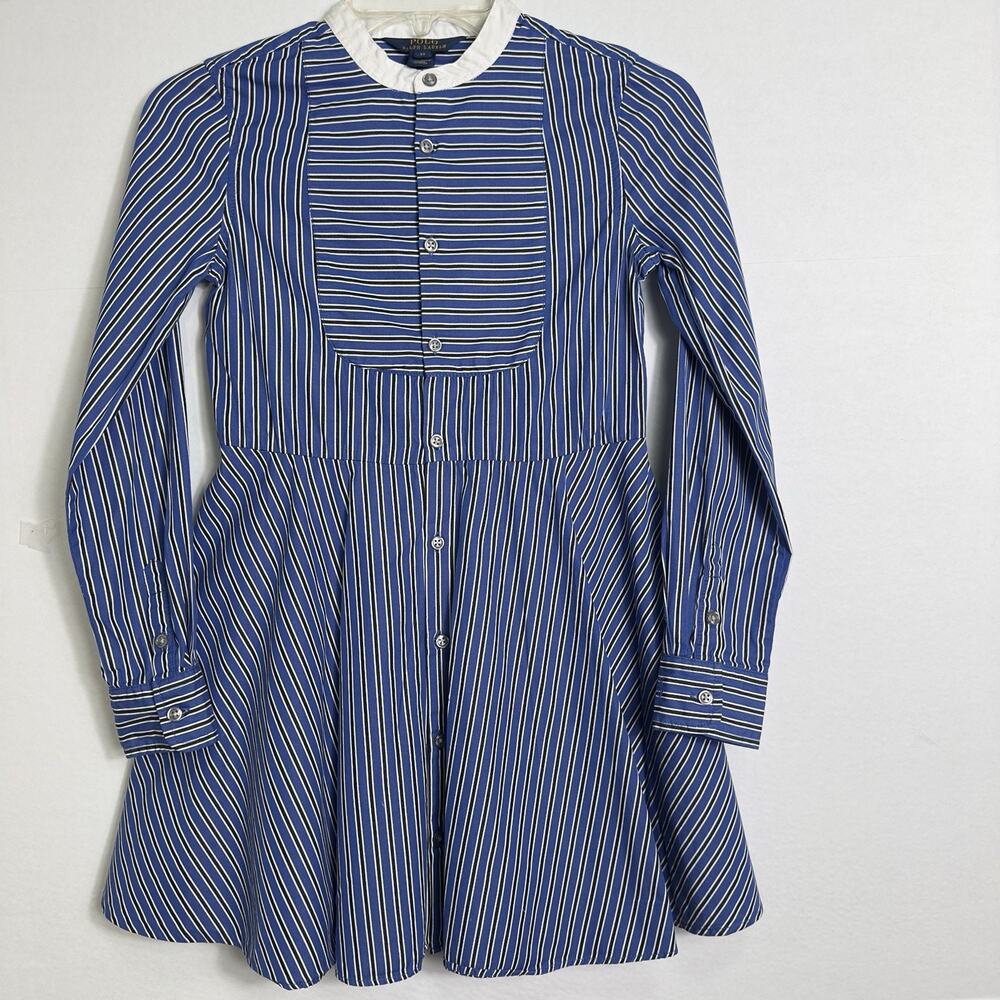 Polo Ralph Lauren Girls Size 12 Blue White Striped Long Sleeve Prairie Dress